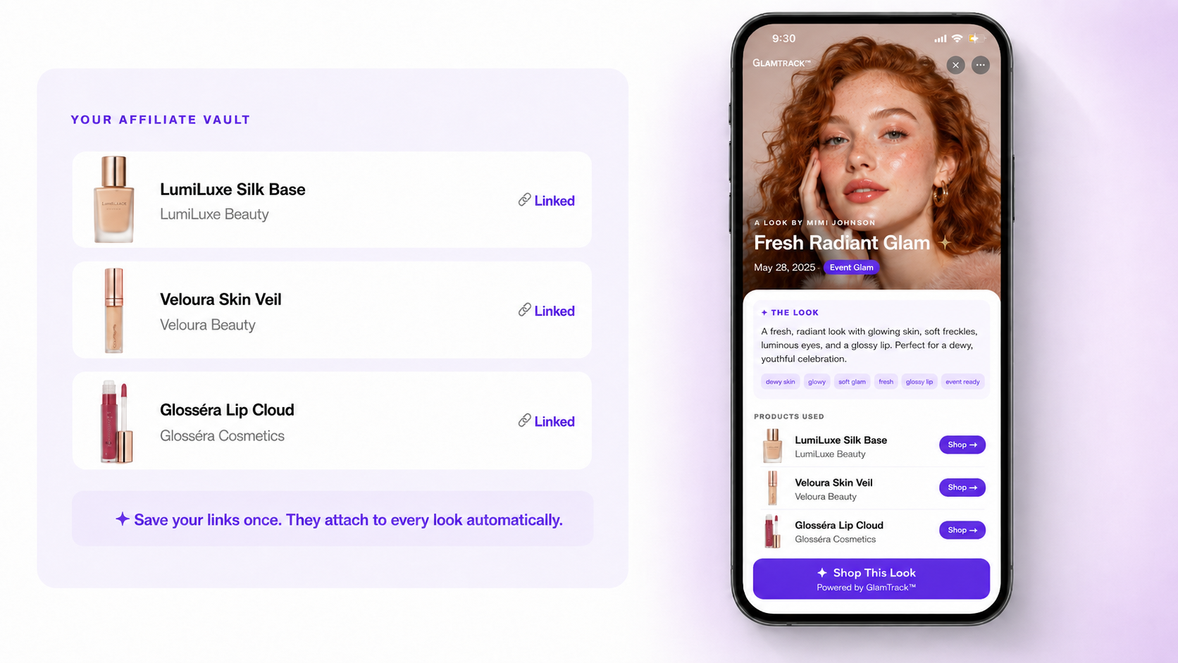 GlamTrack Affiliate Vault — save links once, share shoppable look recaps, earn commissions
