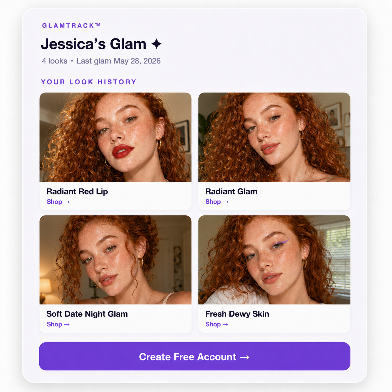 Jessica's Glam — look history with shoppable recaps on GlamTrack
