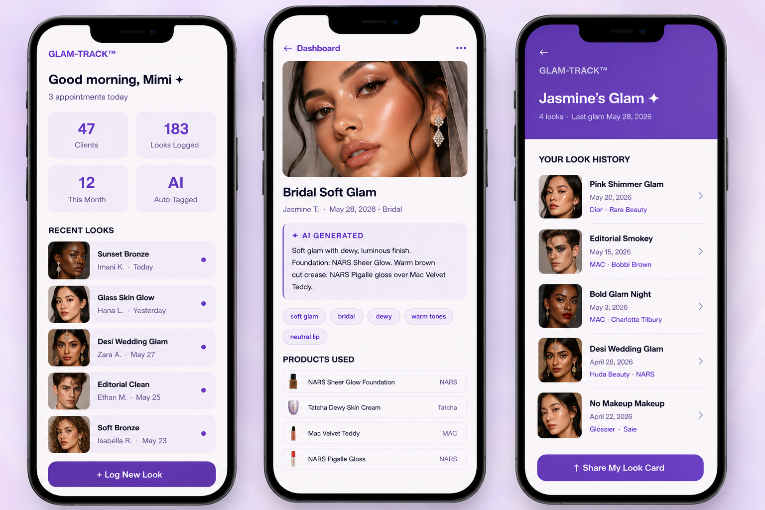 GlamTrack app — Artist dashboard, look detail, and client glam card